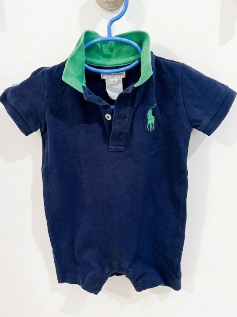 [Ralph Lauren] Navy Polo Romper with Green Collar